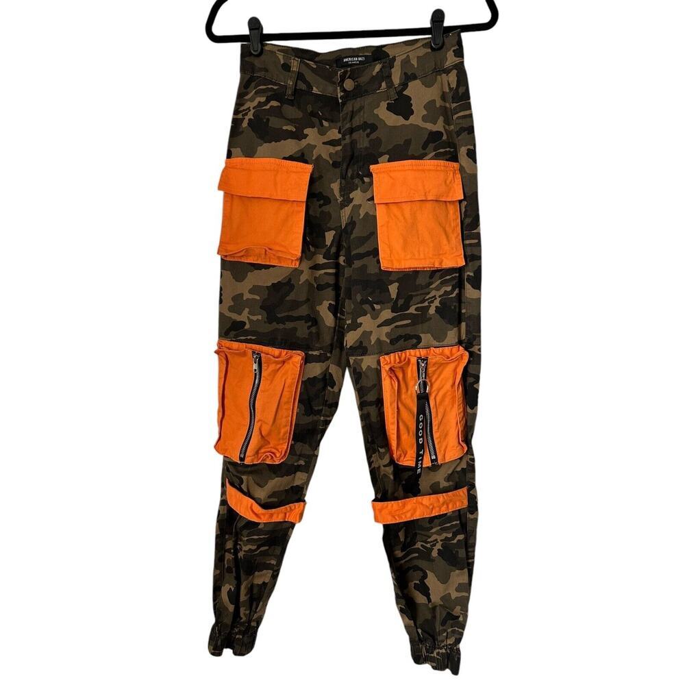 American Bazi Cargo Pants Womens Size S Green Camo Orange Detail Stretch Joggers